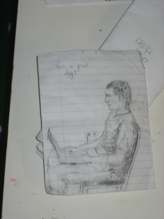 a drawing of a man holding a laptop and looking at papers