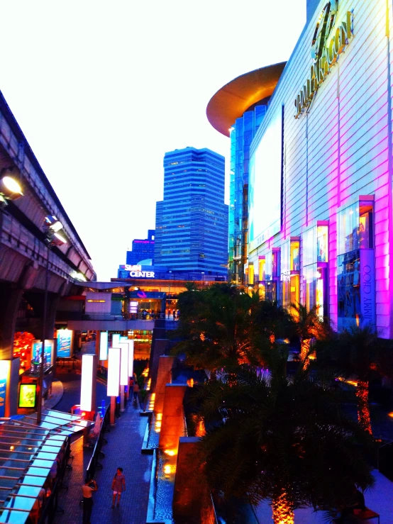 a view of the inside and outside of a business district in the city