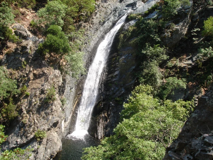 an overhead view of a waterfall and trees