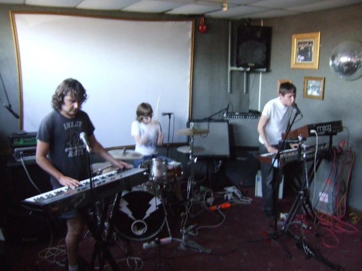 group of musicians and recording equipment in a studio