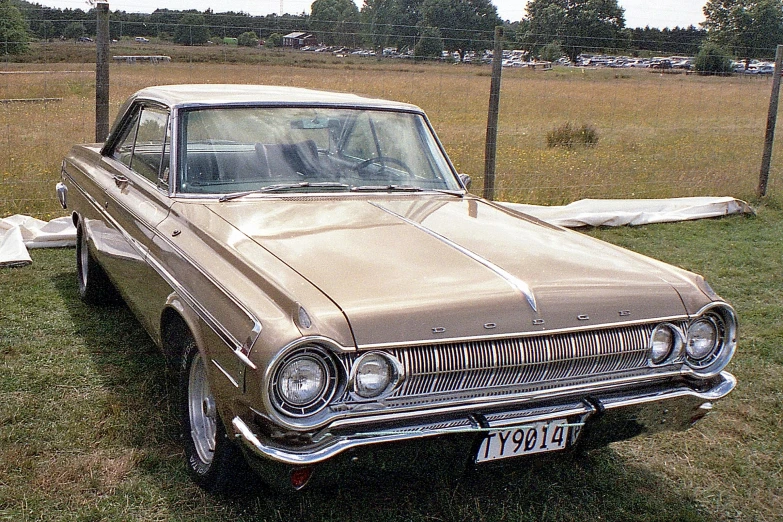 a tan car parked in a grassy field