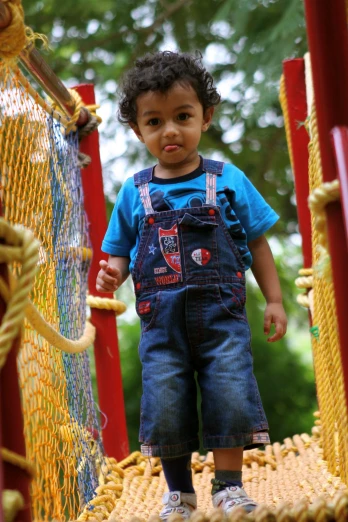 small child wearing overalls standing on an outdoor play structure