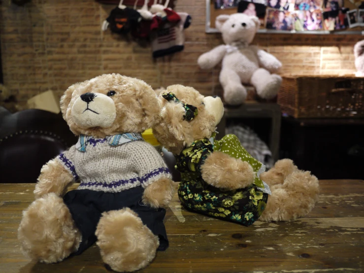 two teddy bears on the table with one wearing a sweater