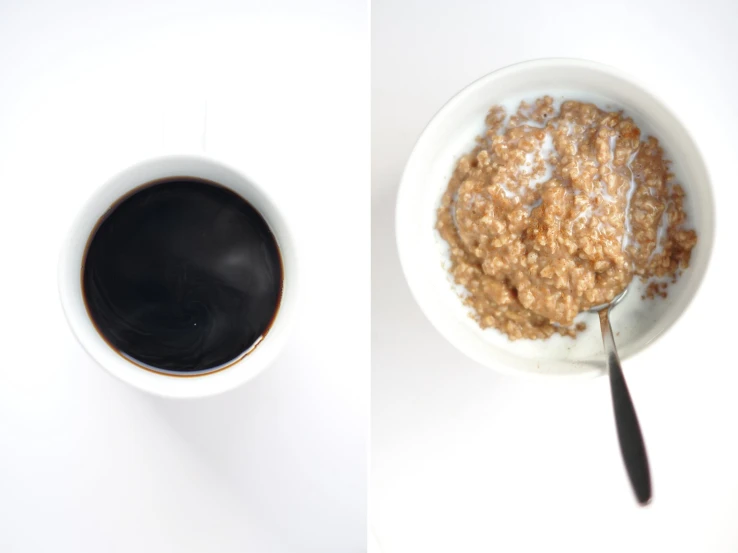 a bowl of oatmeal with cereal and a black spoon