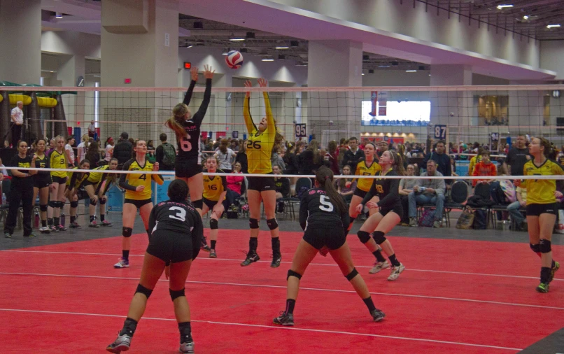 a group of women playing volleyball together on an indoor court