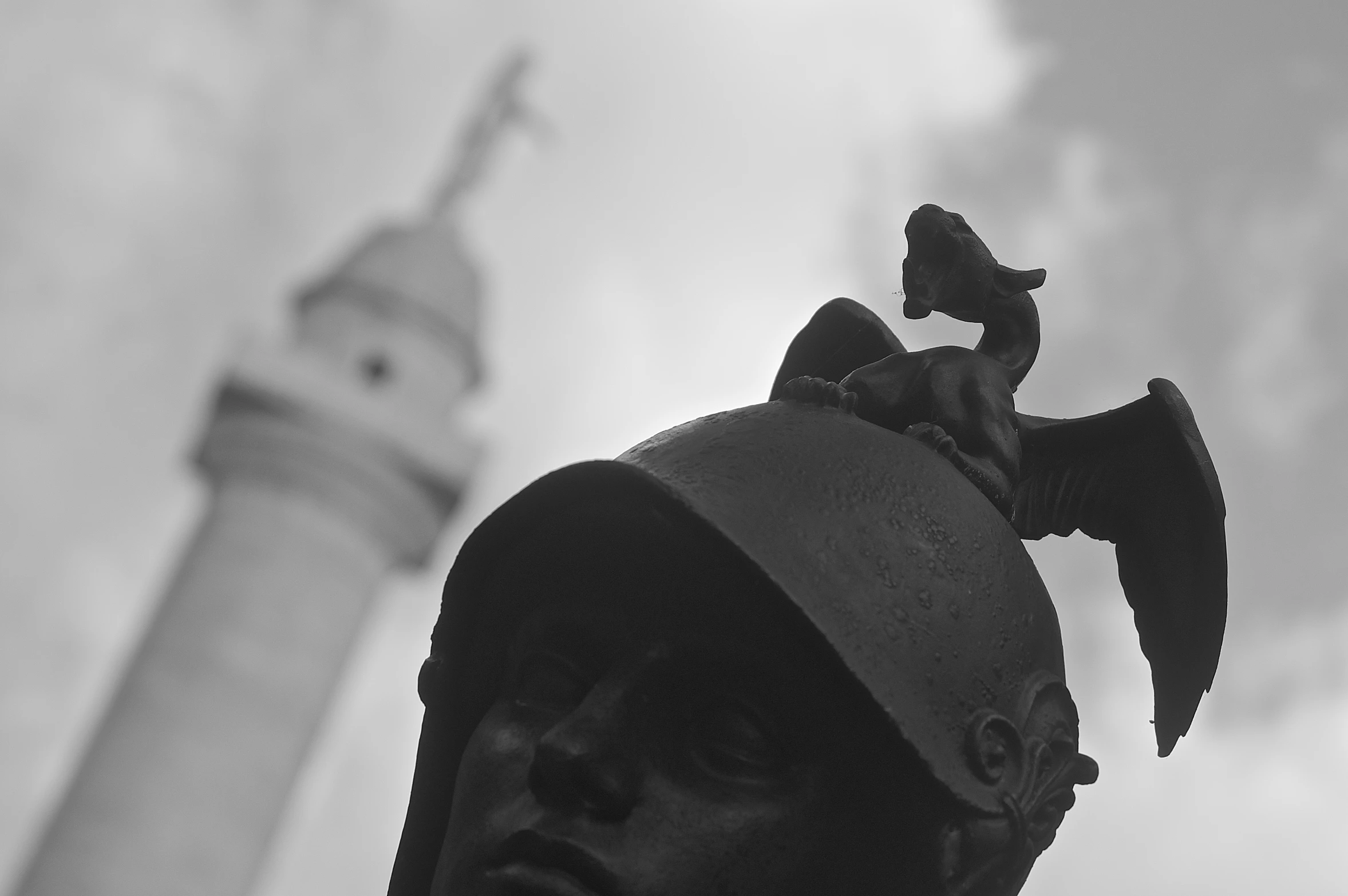 an old man's head has a bird on his hat