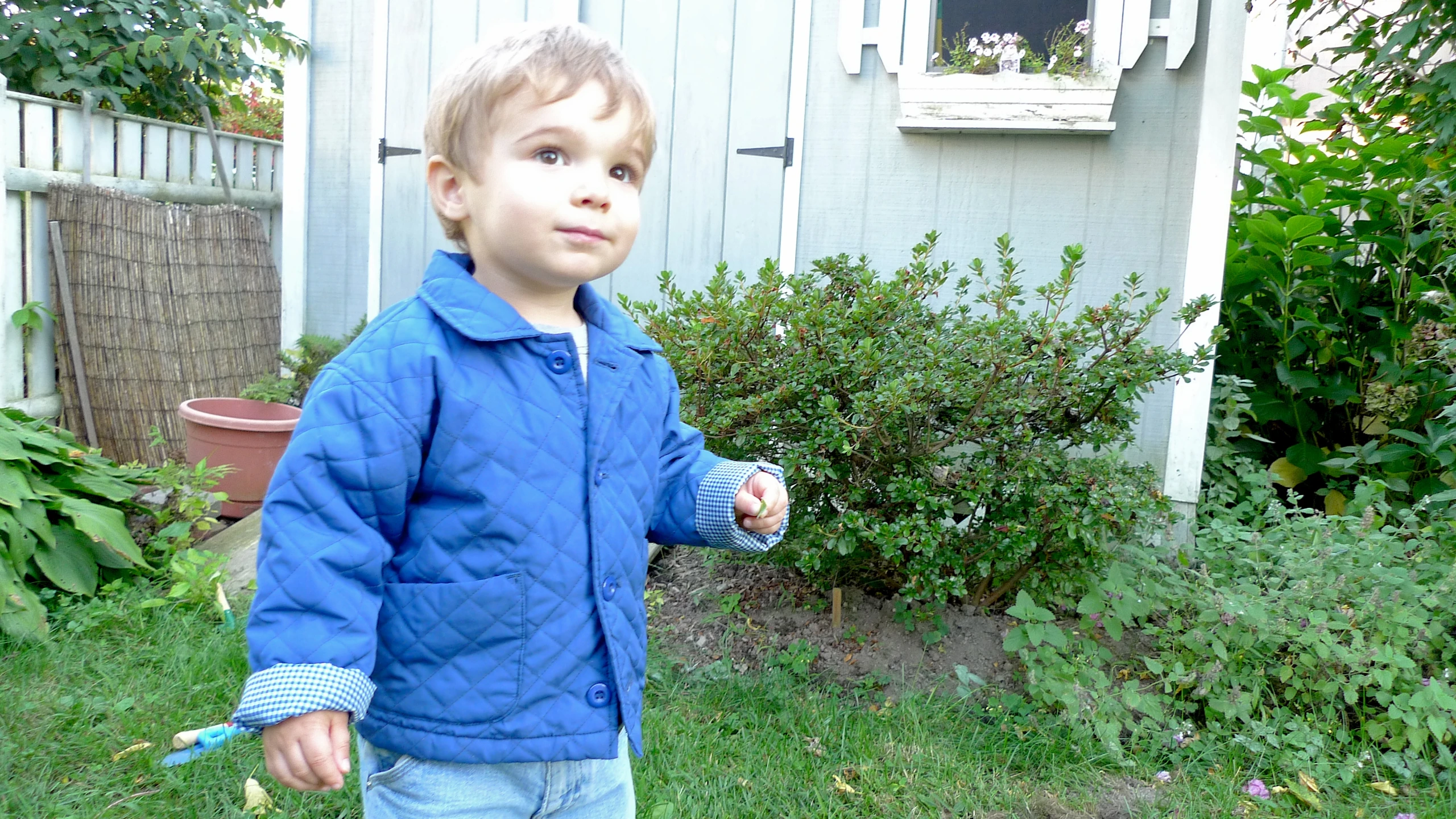 the little boy is standing outside in the yard