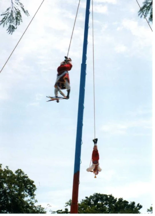 the man is doing tricks on the high ropes