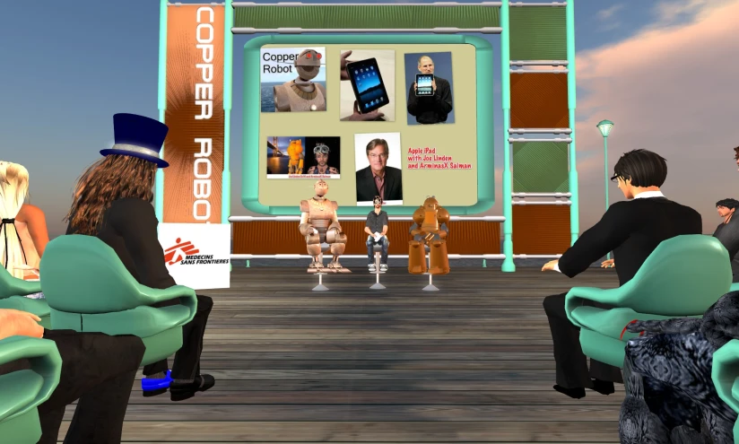 a virtual scene shows several people at a video screen