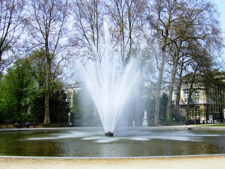 a beautiful fountain spewing water surrounded by trees