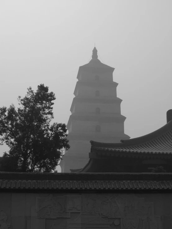 black and white po with chinese building in background