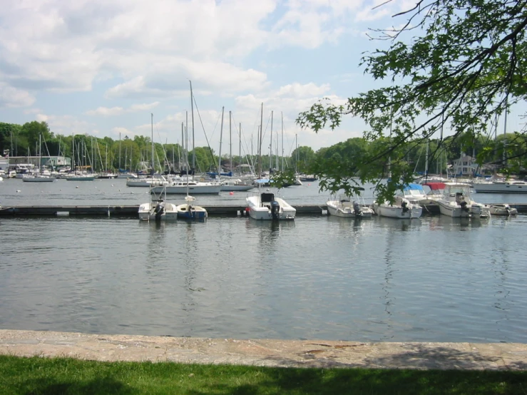 several boats docked in a marina on an otherwise empty day