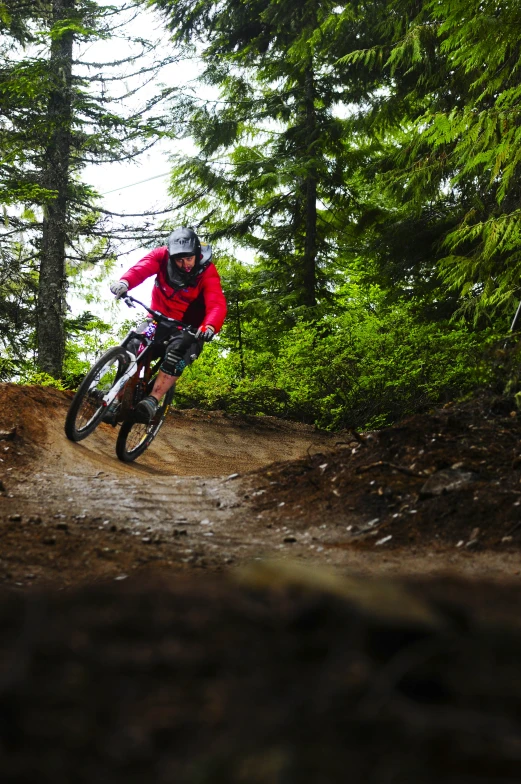 person on mountain bike riding down trail in woods