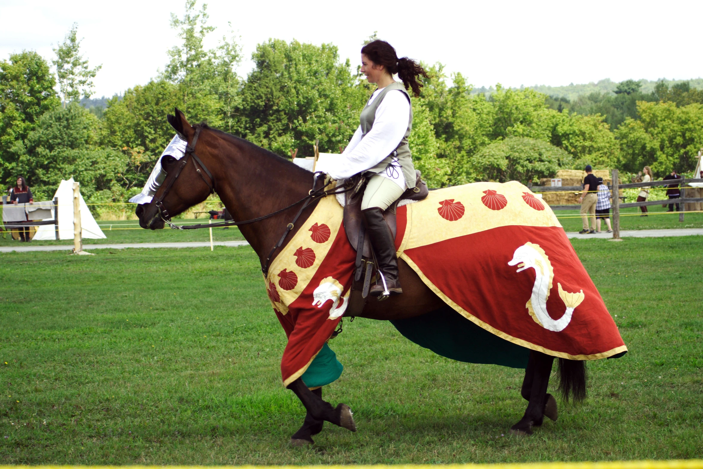 a woman dressed up in costume riding a horse