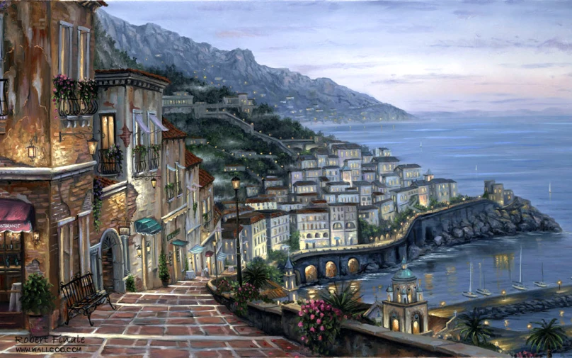 a painting of the coastline and buildings in monaco