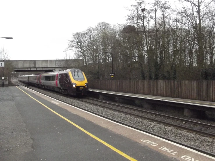 a train traveling down tracks next to a forest