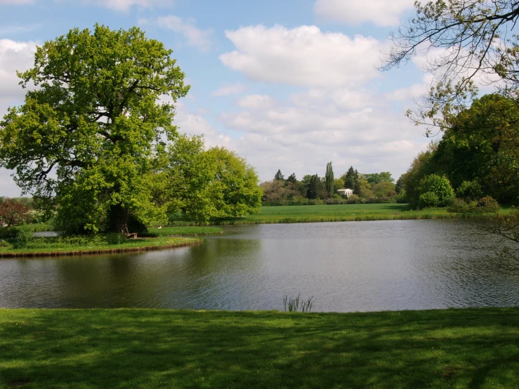 there is a beautiful blue lake in the middle of a grassy field