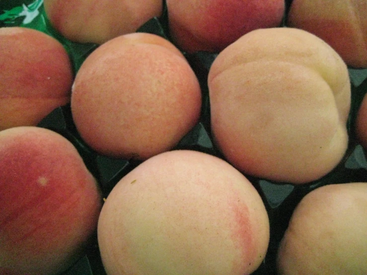 several peaches with green leaves next to each other