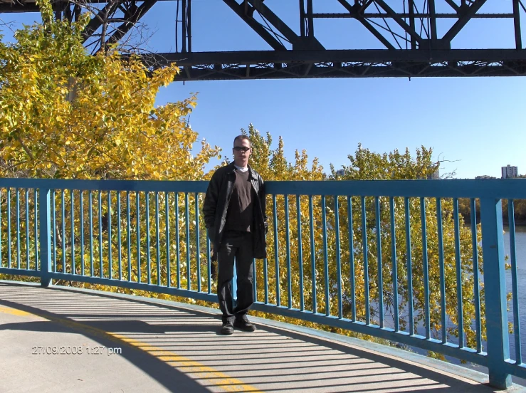 a person standing on a bridge near trees