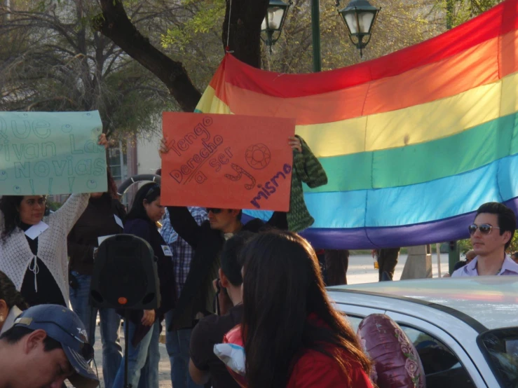 people holding signs and flags at a protest