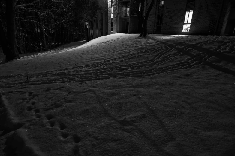 snow covered yard with light coming in through the window