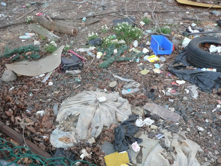 garbage on the ground, including tires and debris