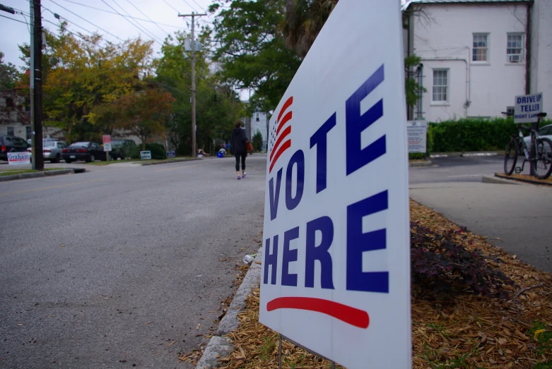 the vote here sign is on the side of the road