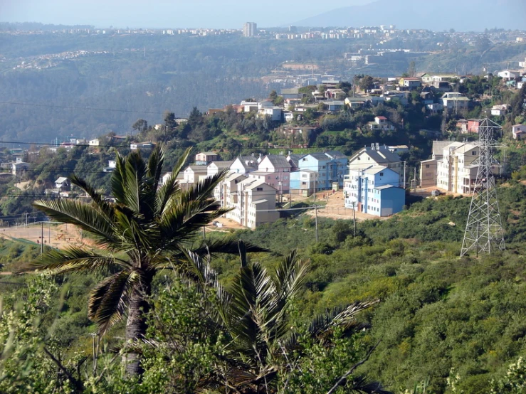 a view of trees, houses and mountains in the background