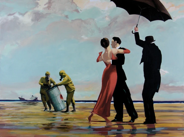 a painting with a couple, some men and a woman, all holding an umbrella