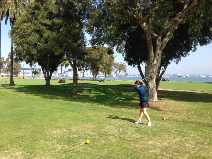 a person in blue shirt playing golf by trees