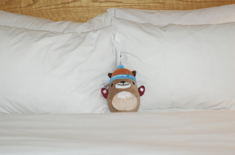 a stuffed animal is peeking over the edge of two pillows