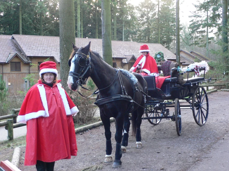 a horse carrying people and dressed for the holiday