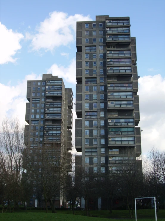 a couple of tall building sitting in the middle of a park