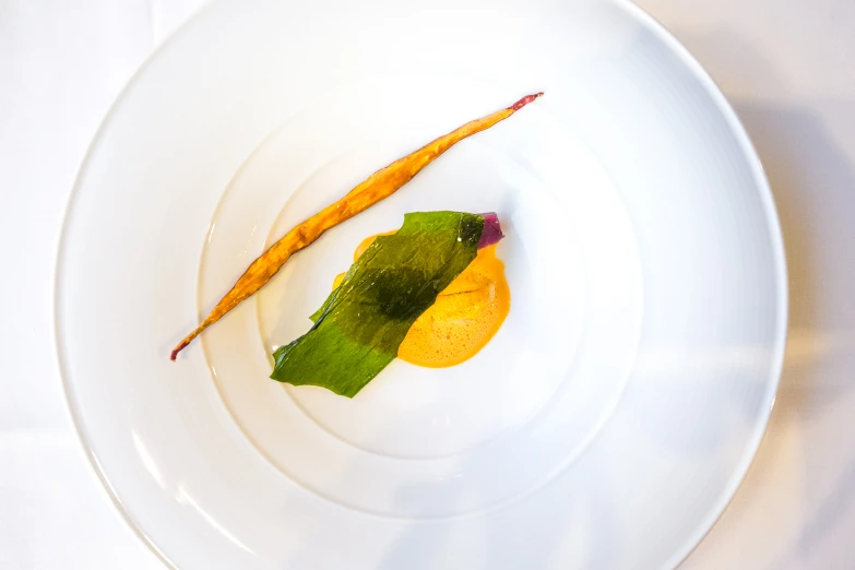 a white plate with a slice of fruit on top