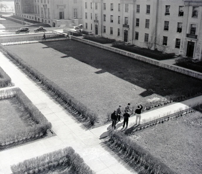 group of young men standing near a large garden