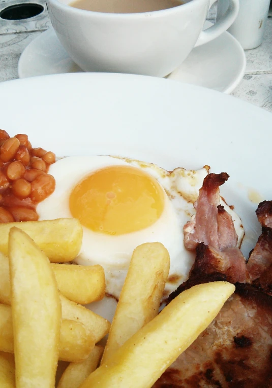 the breakfast plate is full of meat, eggs and baked beans