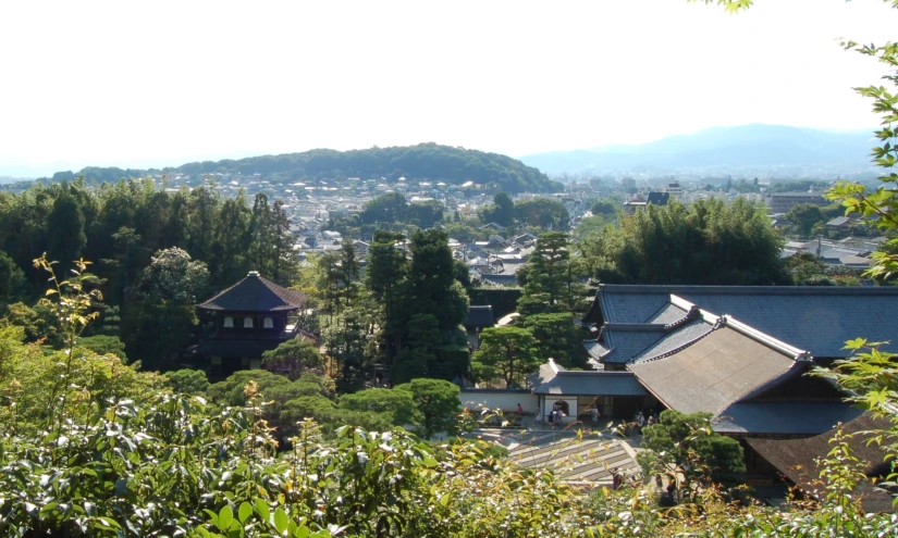 an asian house is in the distance of the trees