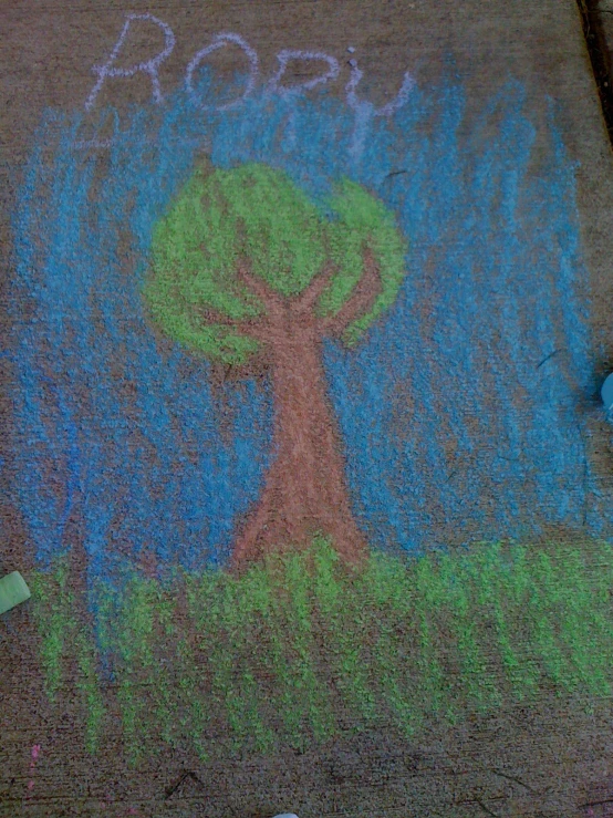 sidewalk drawing and colored chalk depicting a tree