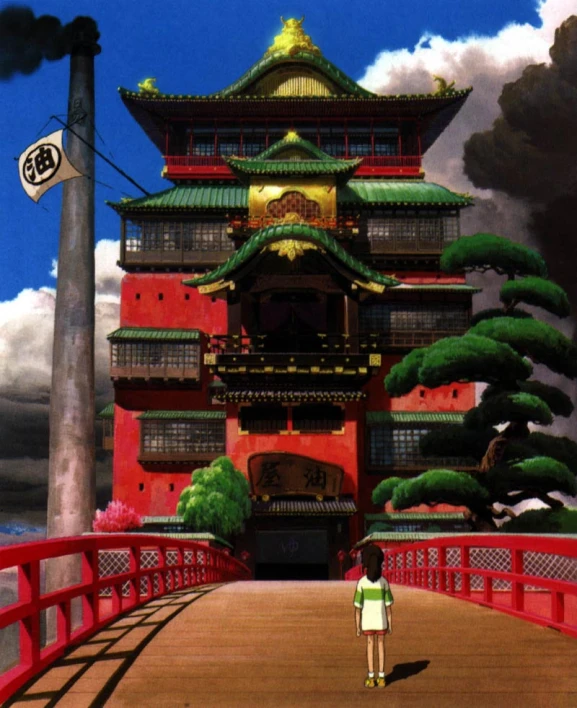 a cartoon girl walking down a walkway through a chinese - styled building