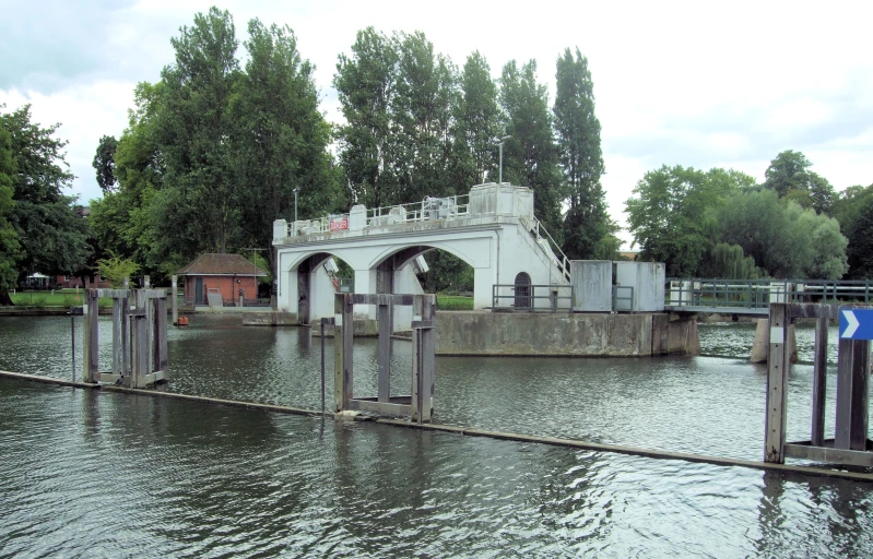 several piers along a waterway in an asian park