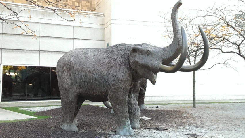 the statue of an elephant is near the entrance of a building