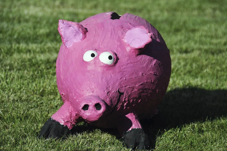 a fake pig in the grass with eyes wide open