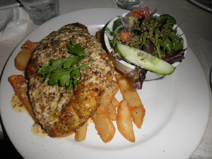 a plate of food with a salad and a meat cutlet