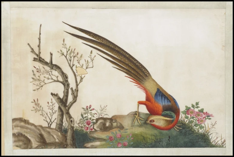 a painting of a bird standing on a rock