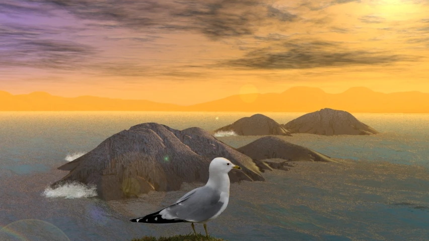 a bird is standing on an island with mountains