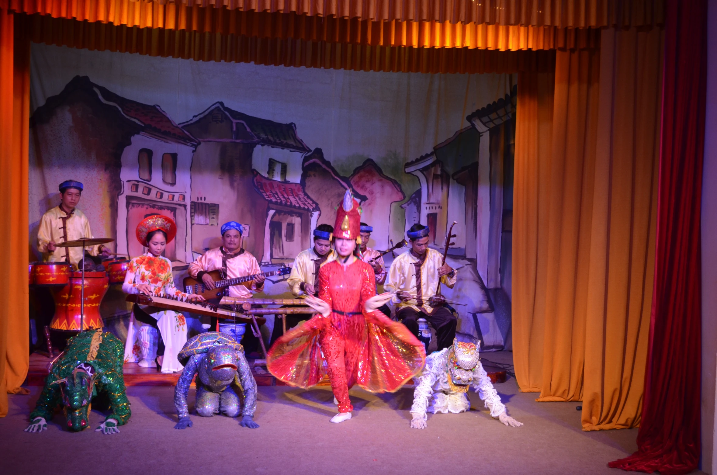 a group of musicians in front of a musical backdrop