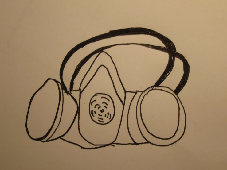 a drawing of two gas masks, one with black lines and one with white light