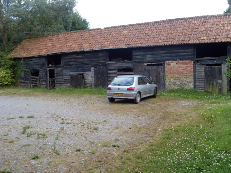 the car is parked next to a large building