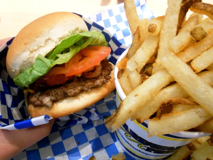 a hamburger sitting on top of a pile of french fries