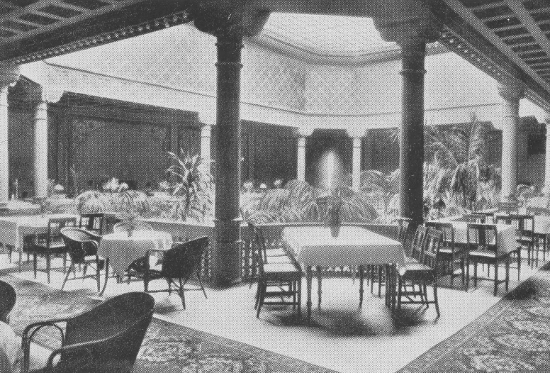 a drawing of an old dining room with a fountain in the middle